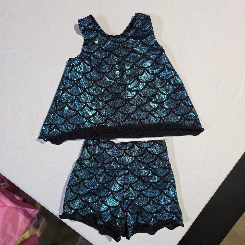 Dugre Designs Toddler Mermaid Scale Metallic Top and Shorts Set 2T-3T Teal Black